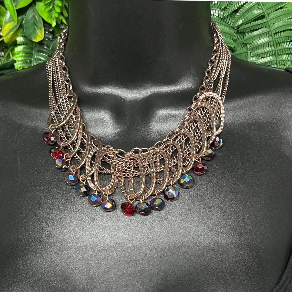 Iridescent Red Multi Strand Bib Necklace Copper Faceted Bead Statement 3980